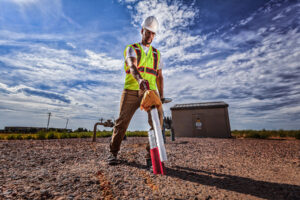 Utility locating technician identifies underground lines with specialized equipment during an active construction project for Stake Center Locating in Southern Utah