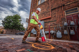 Utility worker in safety vest and hard hat spray painting orange markings on brick street.