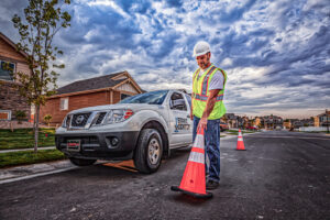 Utility worker in safety vest placing orange traffic cone on residential street near work truck.