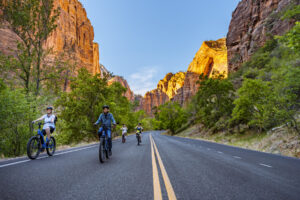 Group riding e-bikes in Zion National Park on a scenic highway surrounded by red rock cliffs, trees, and open skies in Springdale Utah
