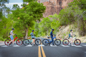 Group of Zion Peddler e-bike riders posing on a crosswalk inside Zion National Park with scenic red rock cliffs behind them