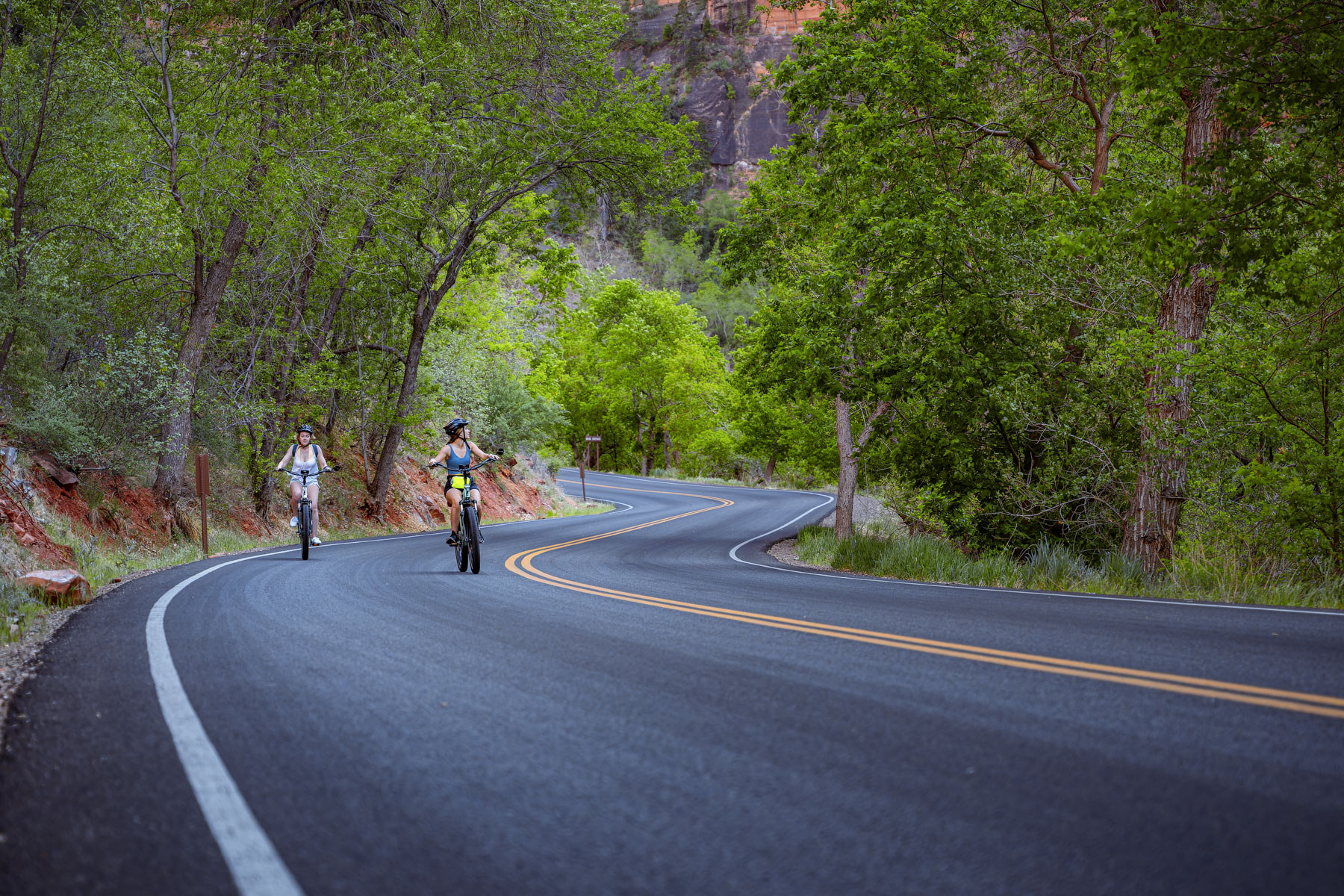Two women ride Zion Peddler e-bikes through tree-lined scenic roads in Zion National Park near Springdale Utah on a summer morning
