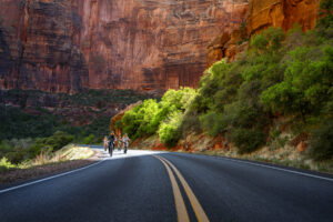Family riding Zion Peddler e-bikes on scenic Zion National Park road surrounded by red cliffs and green desert vegetation