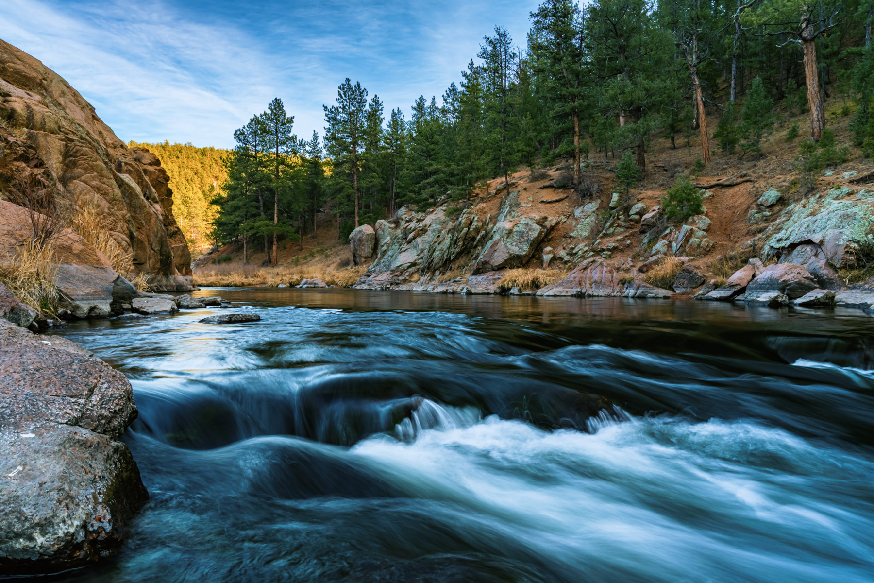 Wide view of Cheeseman Canyon rapids with golden light on pines and canyon rock, suitable for brand photography examples and commercial vs editorial photography.